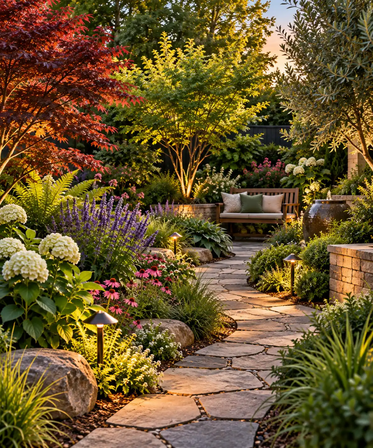 Lush residential garden with pathways and layered planting