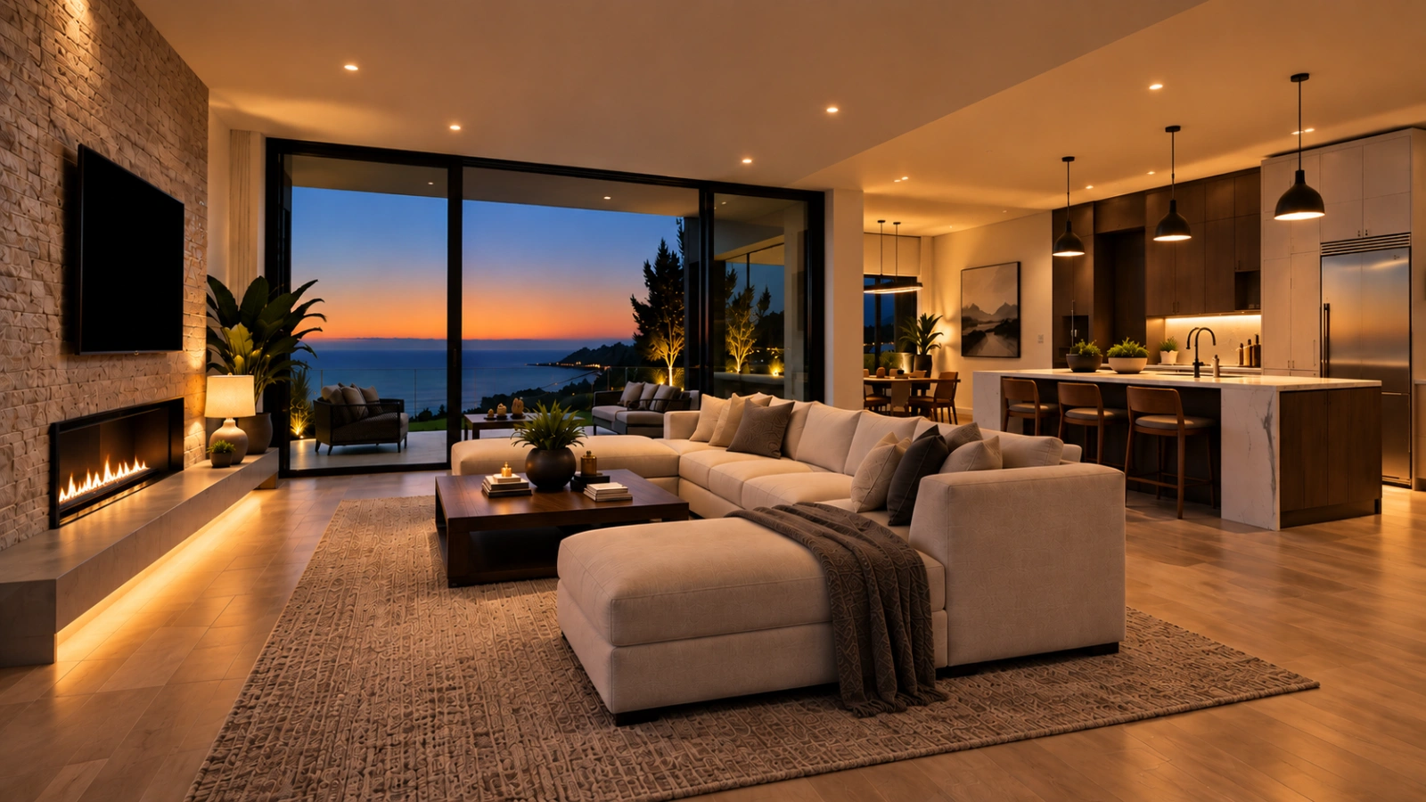 Modern living space transformed with layered architectural lighting