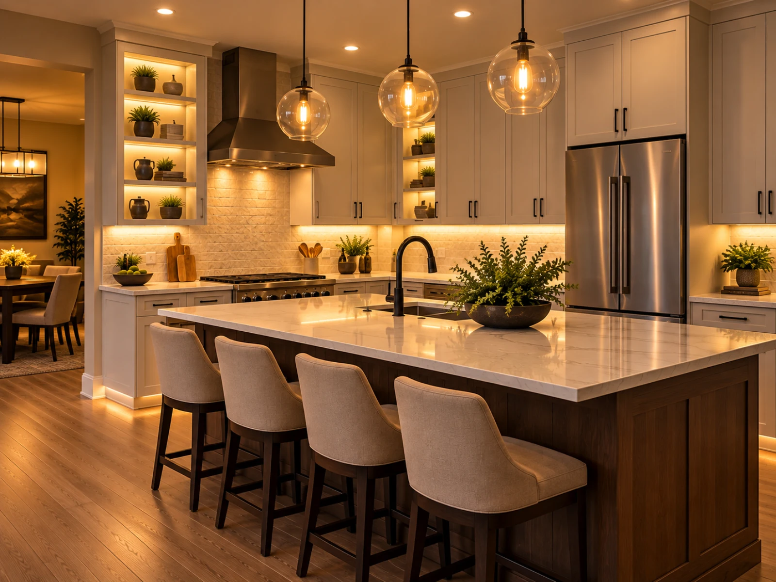Modern kitchen illuminated with recessed, pendant, and under-cabinet lighting