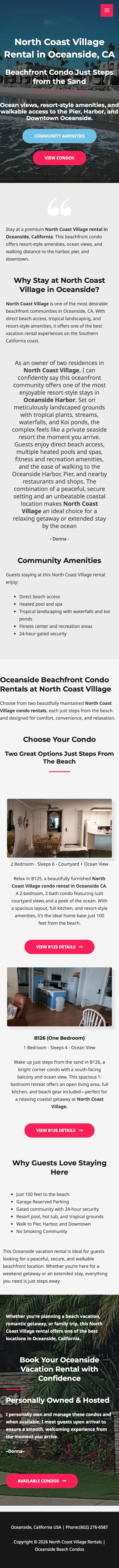 Mobile view of the responsive North Coast Village vacation rental website